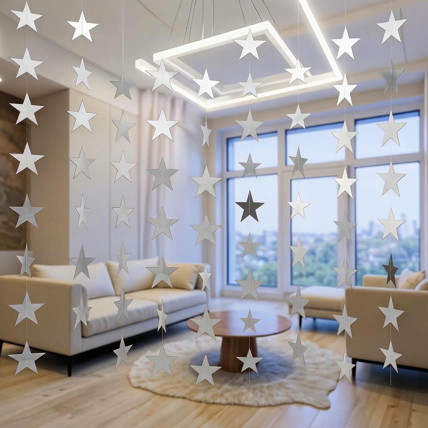 39 Feet Sparkly Silver Star Garland Paper Bunting, 3 Pcs Reflective Star Streamers Decorations for Birthday, Double Side Hanging Silver Glitter Stars Bunting for Weddings, Anniversary Theme Party Supp