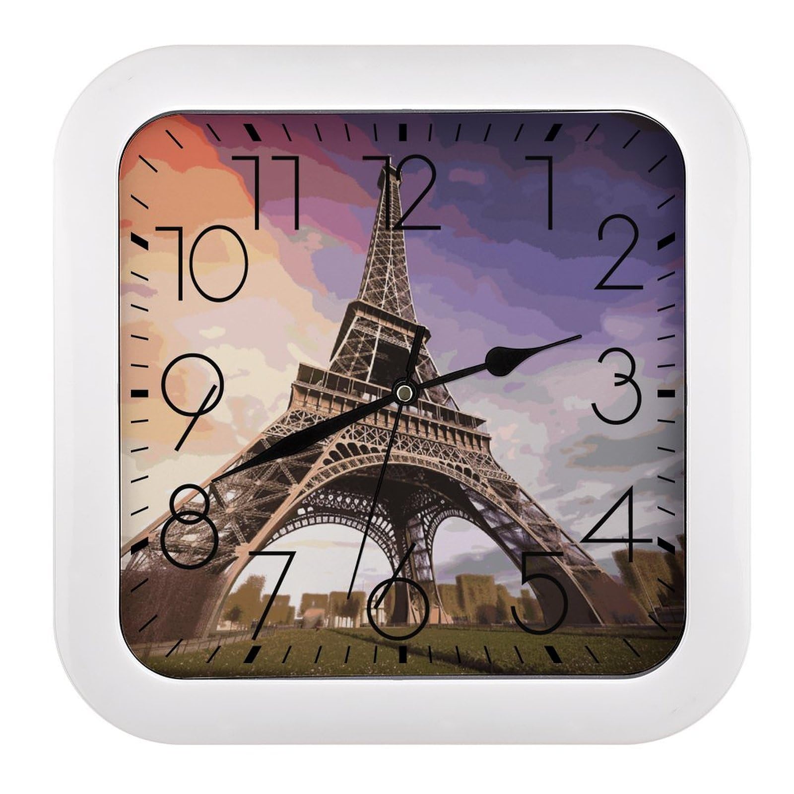 Horloge murale carrée de 25,4 cm silencieuse avec décor Tour Eiffel pour bureau et salon