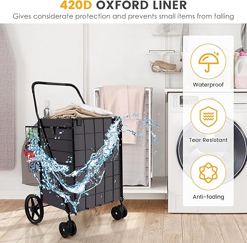 Miniatura 7 de Safstar - Carrito de compras con bolsa Oxford Liner, carrito de compras plegable de 27 galones con ruedas, cesta doble, capacidad de peso de 330