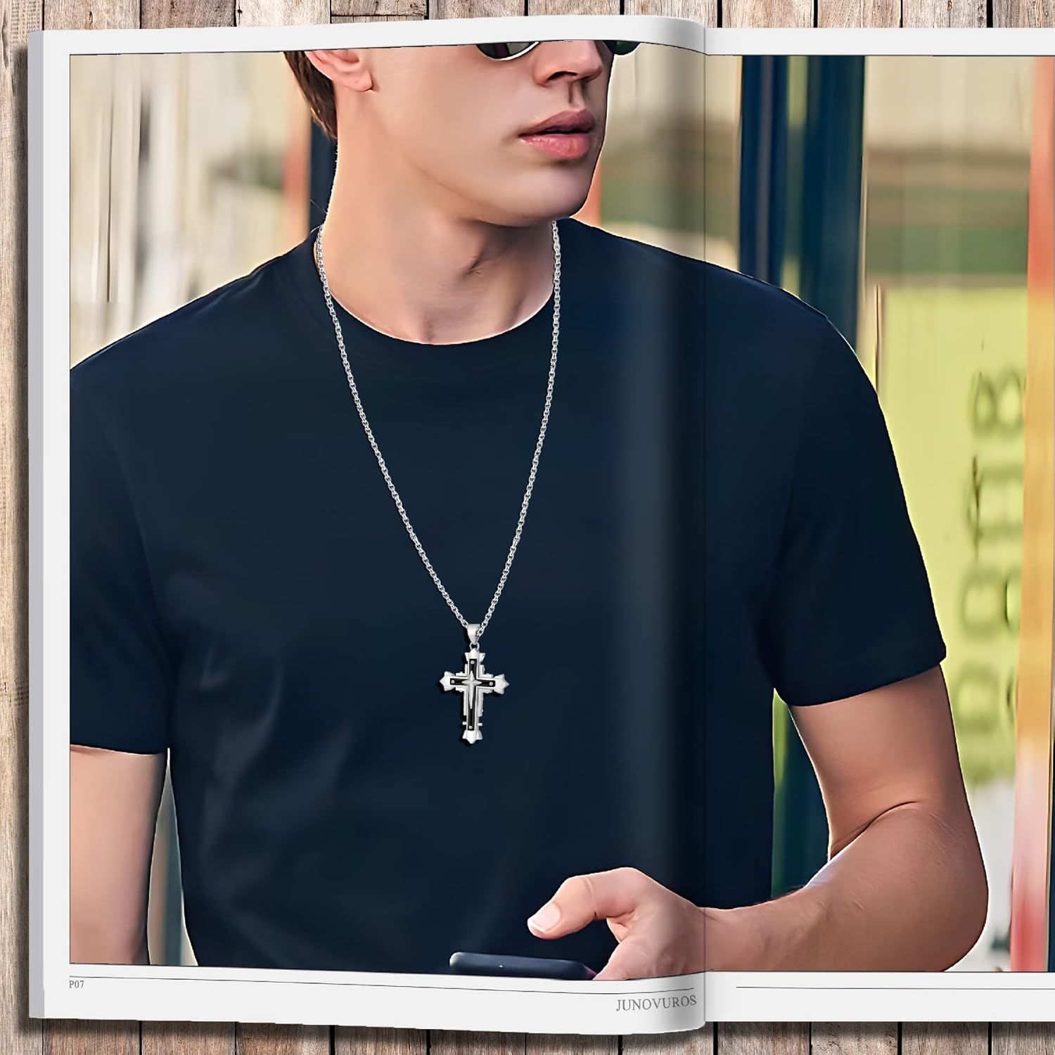 JUNOVUROS Stainless Steel Jesus Christ Cross Pendant Necklace for Men, 20 to 28 In Rolo/Byzantine Chain, 2 Sizes of Religious Jewelry with Silver/Gold/Black