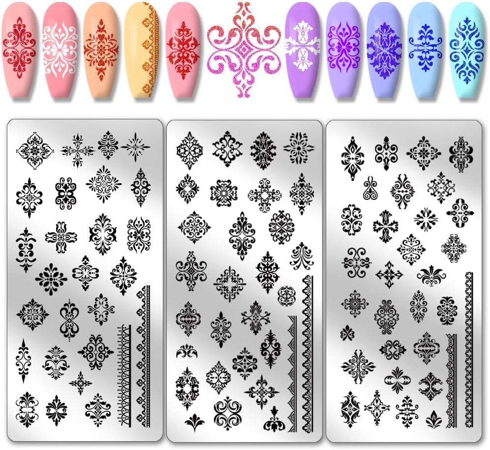 PH PandaHall 3pcs French Floral Nail Plate Stamping Sets, Mixed Flower Nail Stamp Templates Ethnic Style Nail Art Stencils Stainless Steel Nail Image Plates for Nail Design Print Manicure Salon