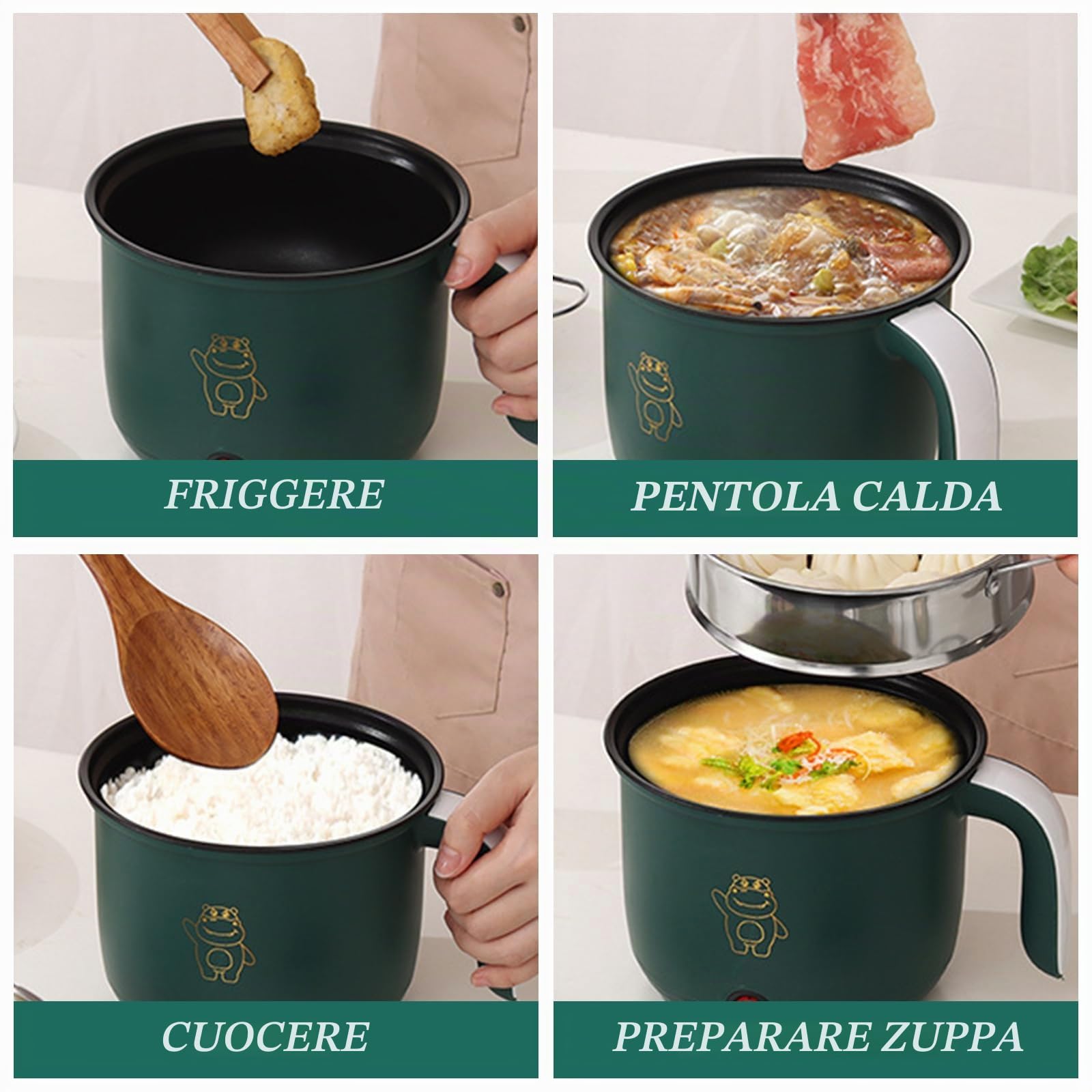 Mini Pentola Elettrica: Pentola Elettrica Portatile, Multifunzionale Pentola Elettrica Piccola, 1,8L Padella Elettrica Antiaderente Domestico, con Vaporiera in Acciaio Inox, 600W, 220V,Verde