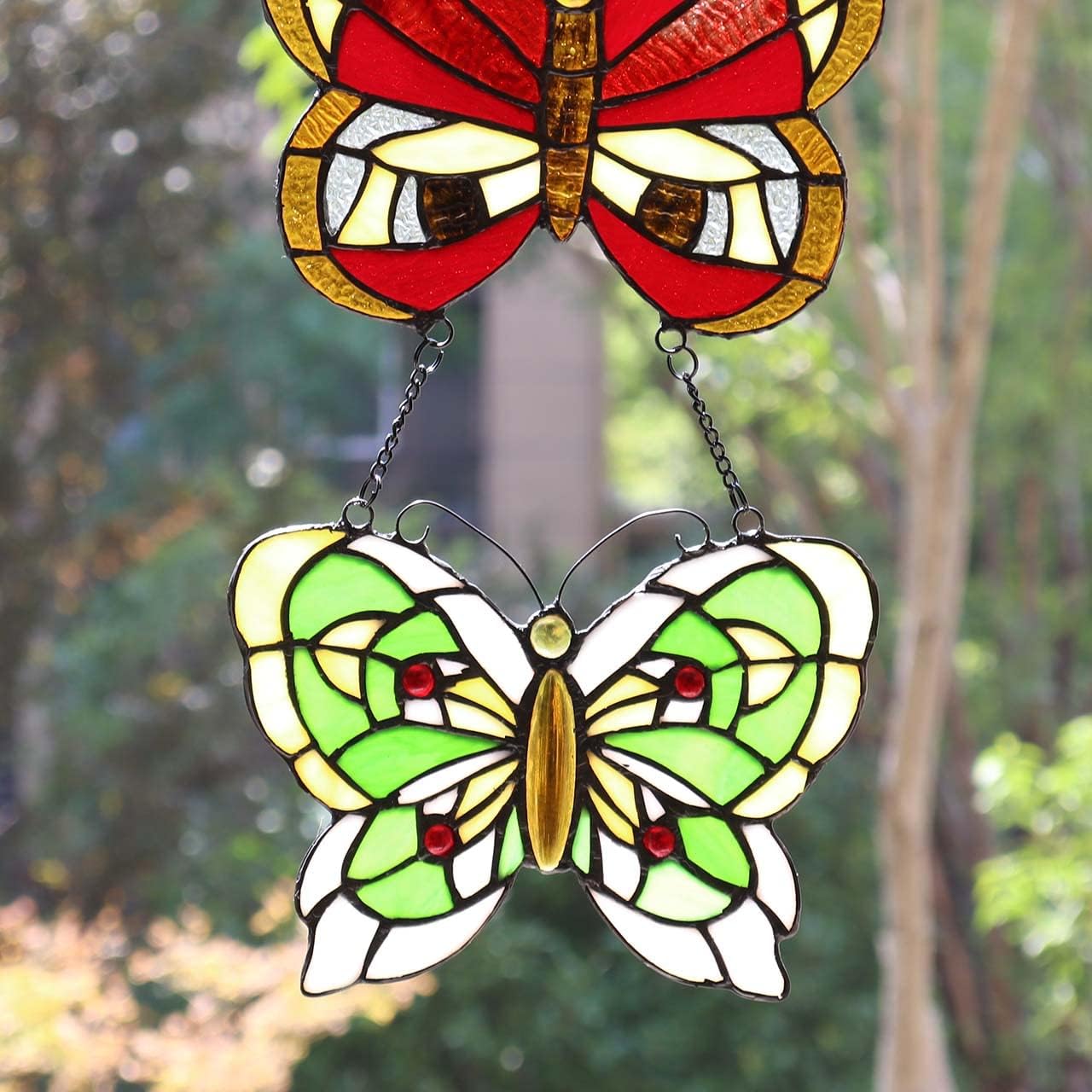 Bieye W10053 - Panel de vidrieras estilo mariposa Tiffany con 3 piezas para colgar sucesivamente dentro de cadenas, 12 pulgadas de ancho x 25 pulgadas de alto
