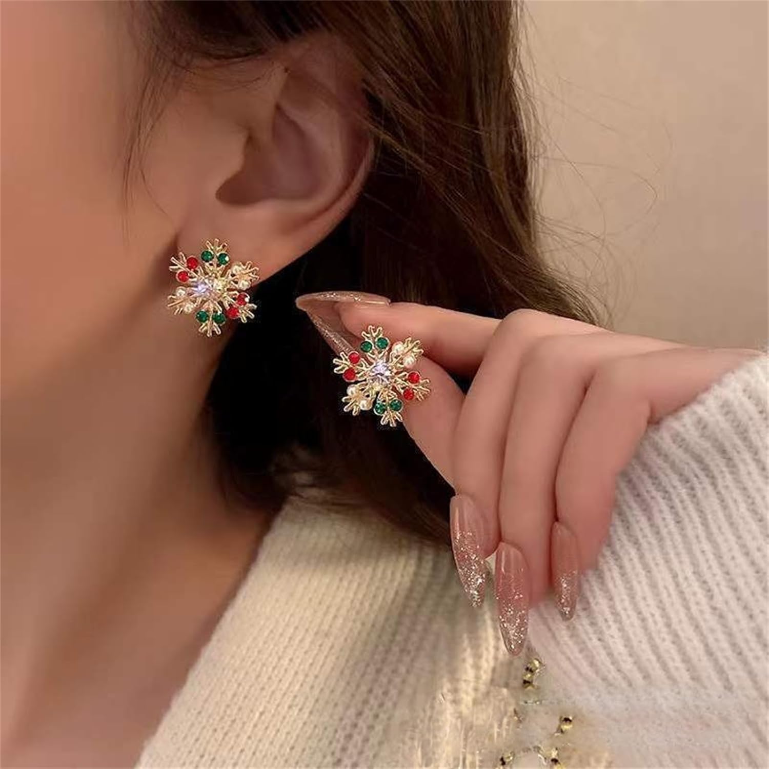 Christmas Snowflake Small Stud Earrings Gold Plated Elegant Frozen Ice Flower Simulated Pearls Chic Red Green Crystal Rhinestone Earrings for Women Minimalist Xmas New Year Winter Holiday Fashion Jewelry - Image 3