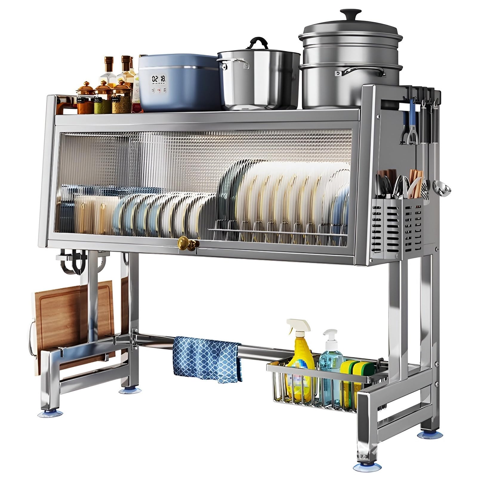 Égouttoir à vaisselle 2 niveaux en acier inoxydable 304 avec couvercle, modèle 85 cm
