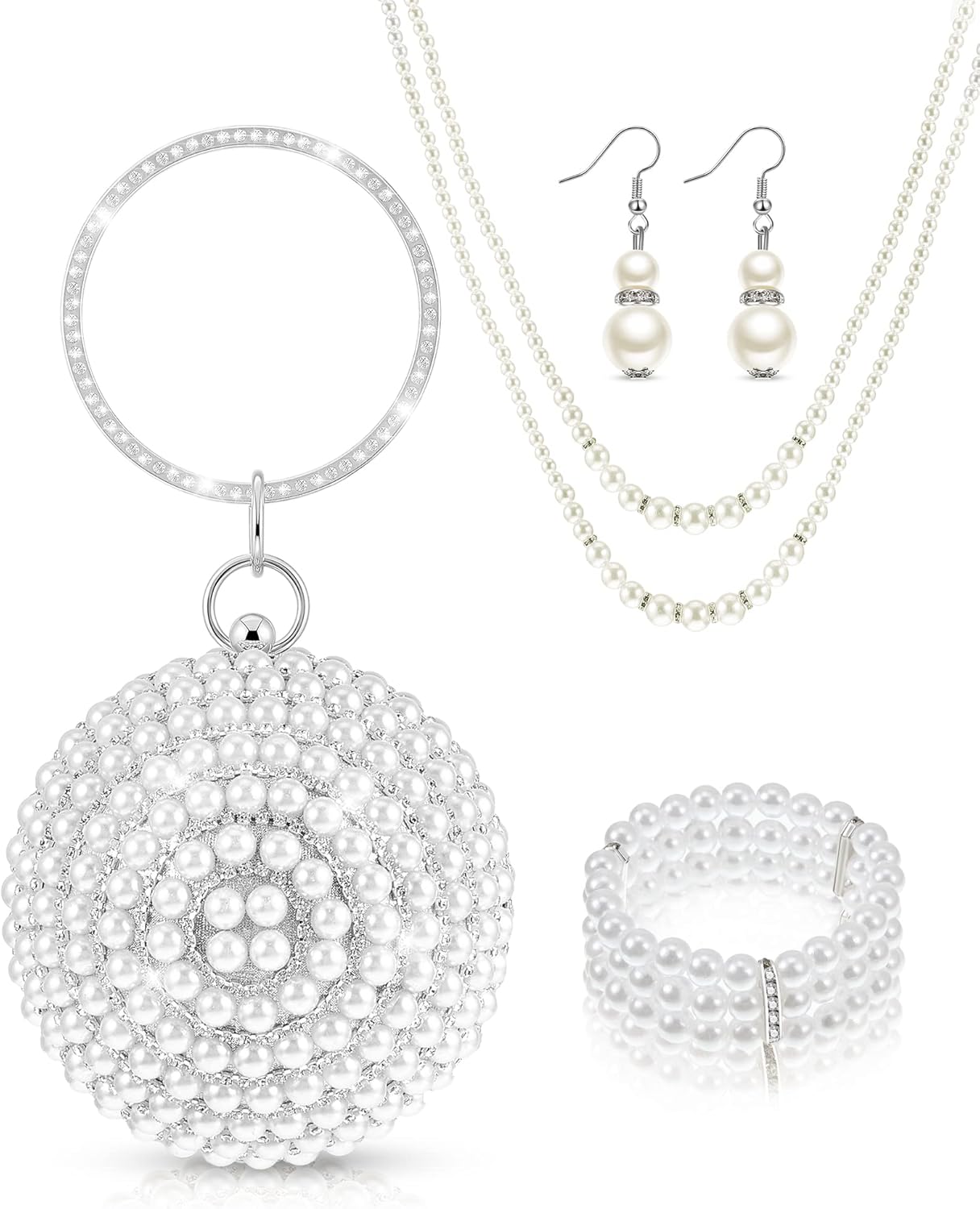 4 Pcs Faux Pearl Evening Clutch Purse Round Ball Silver Rhinestone Bag Pearl Jewelry Set for Women Evening Wedding Artificial Handbag