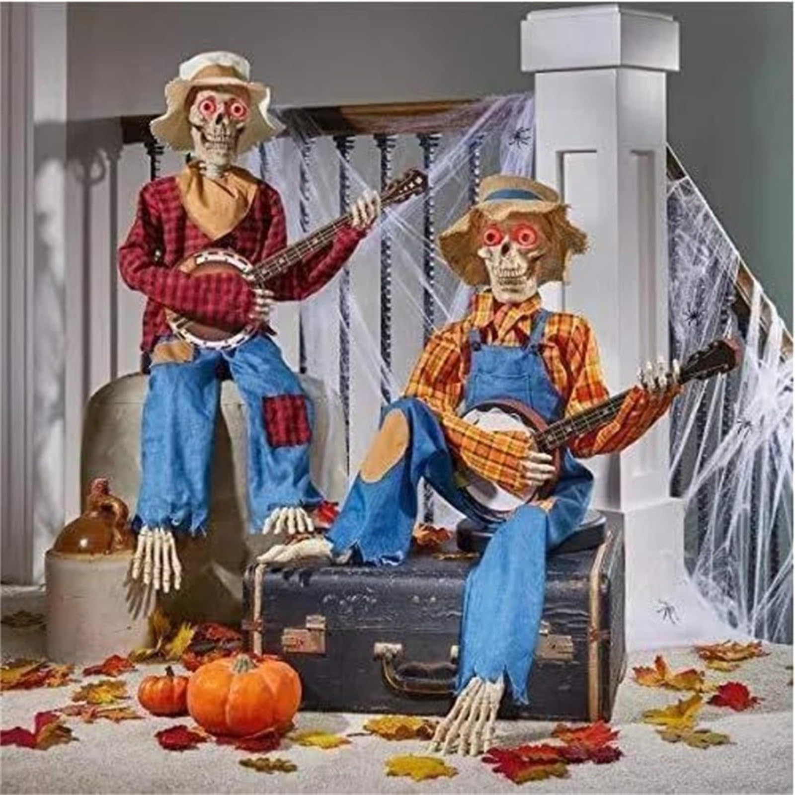 Squelette banjo Halloween 40 cm : automate lumineux musical pour déco intérieure