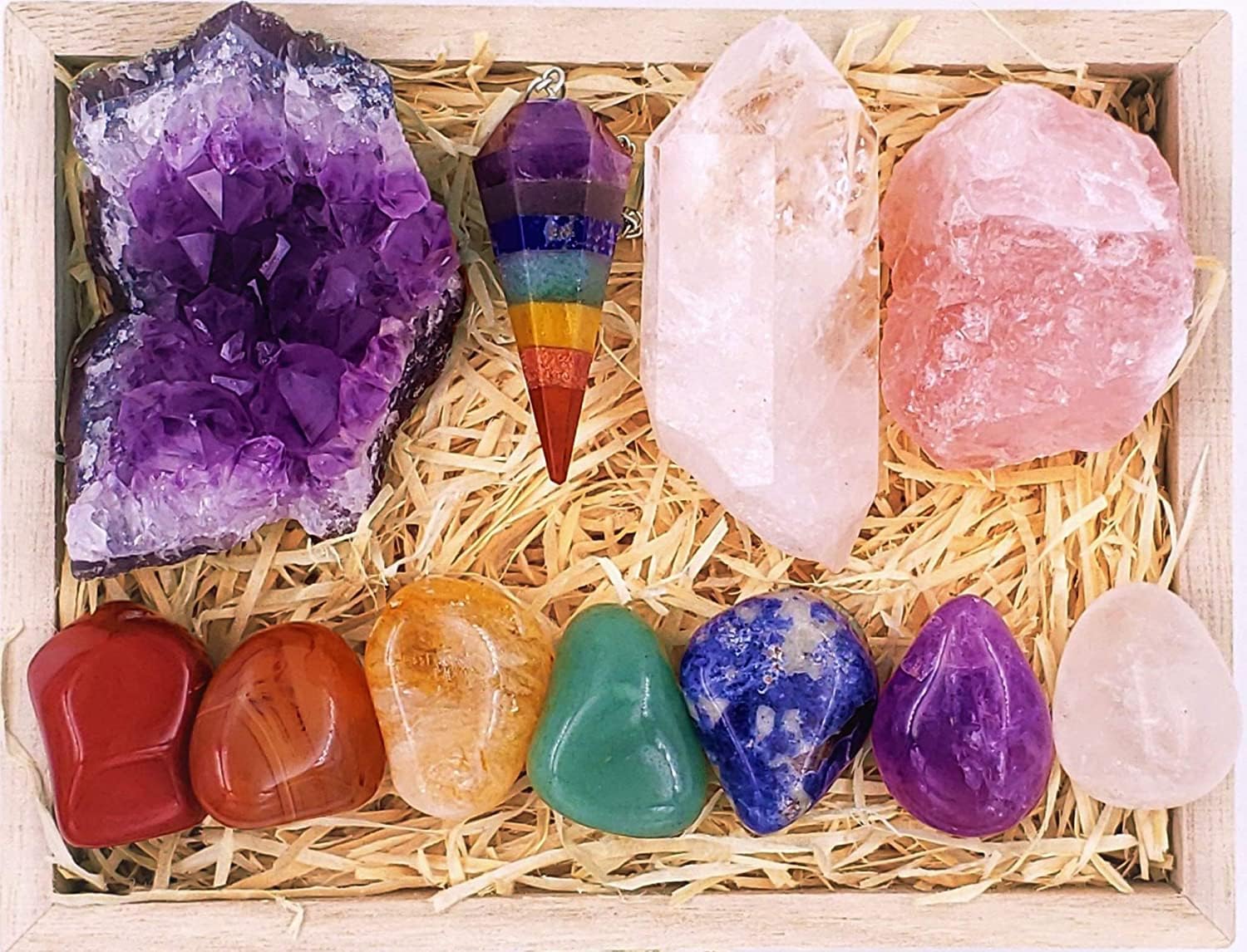 ZATNY Premium Crystals and Healing Stones Premium Kit in Wooden Box - 7 Chakra Stones Healing Set, Rose Quartz, Amethyst Cluster, Quartz Points, Chakra Pendulum, EBook, Poster Guide, Gift in USA