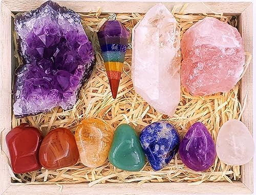 Kit premium de cristales y piedras curativas en caja de madera Juego de 7 piedras de chakra cuarzo rosa racimo de amatista puntos de cuarzo péndulo Kit premium de cristales y piedras curativas en caja de madera Juego de 7 piedras de chakra cuarzo rosa racimo de amatista puntos de cuarzo péndulo