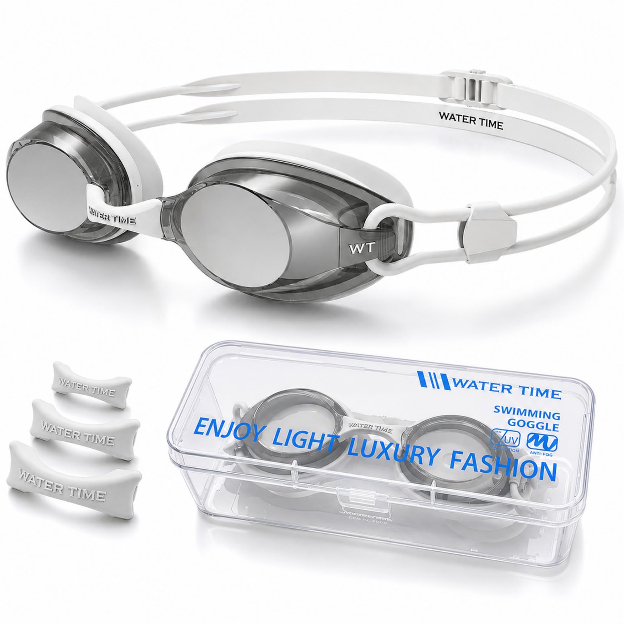 WATER TIME Racing Goggles – Long‑Lasting Anti‑Fog, Narrow‑Profile Frame, REVO Mirror, Secure Fit for Competitive Swimmers, White
