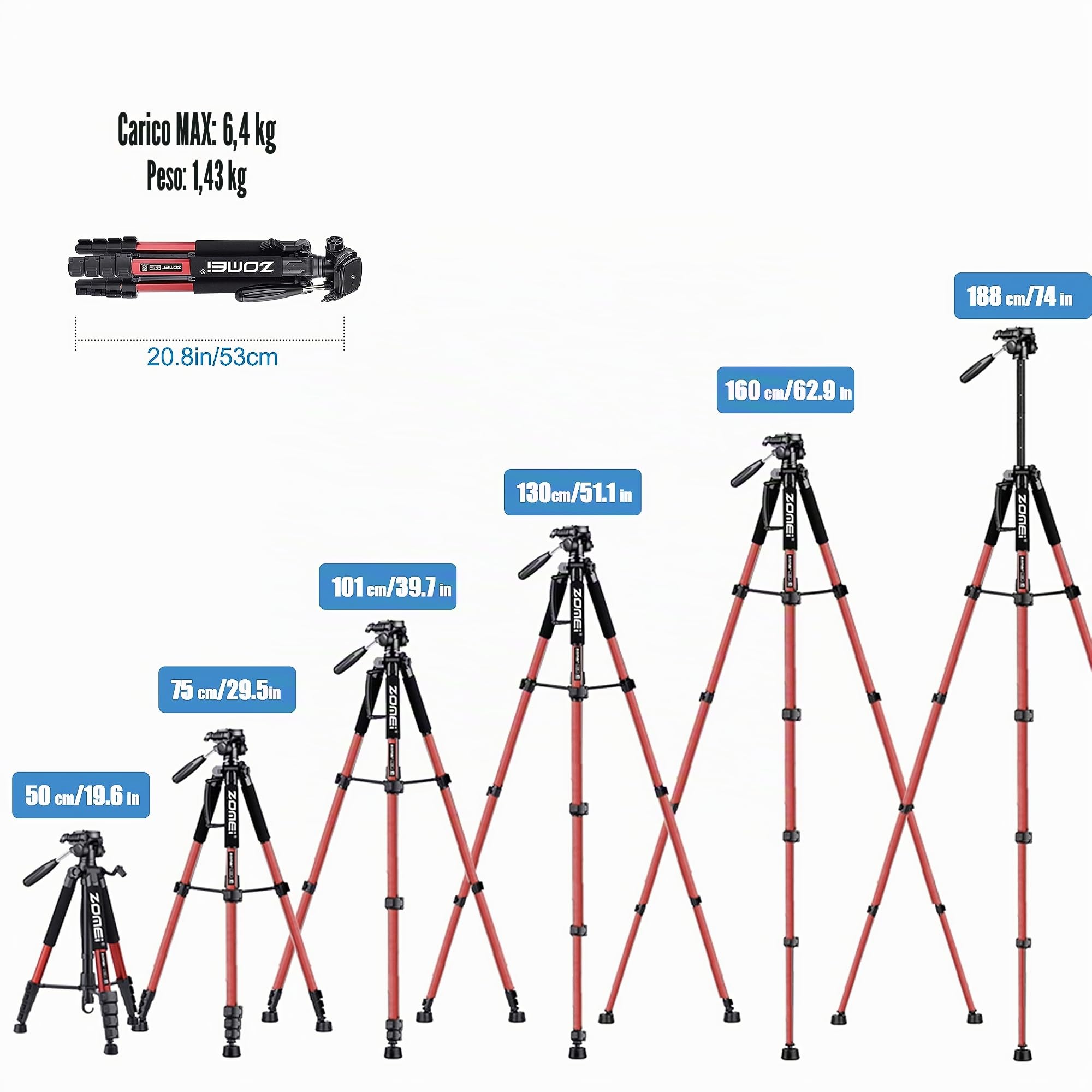 ZOMEi Cavalletto Treppiede da 188 cm Heavy Duty Tall Tripod, professionale da viaggio, compatibile con fotocamere DSLR, telefoni cellulari, proiettori, binocoli, cannocchiale (rosso)