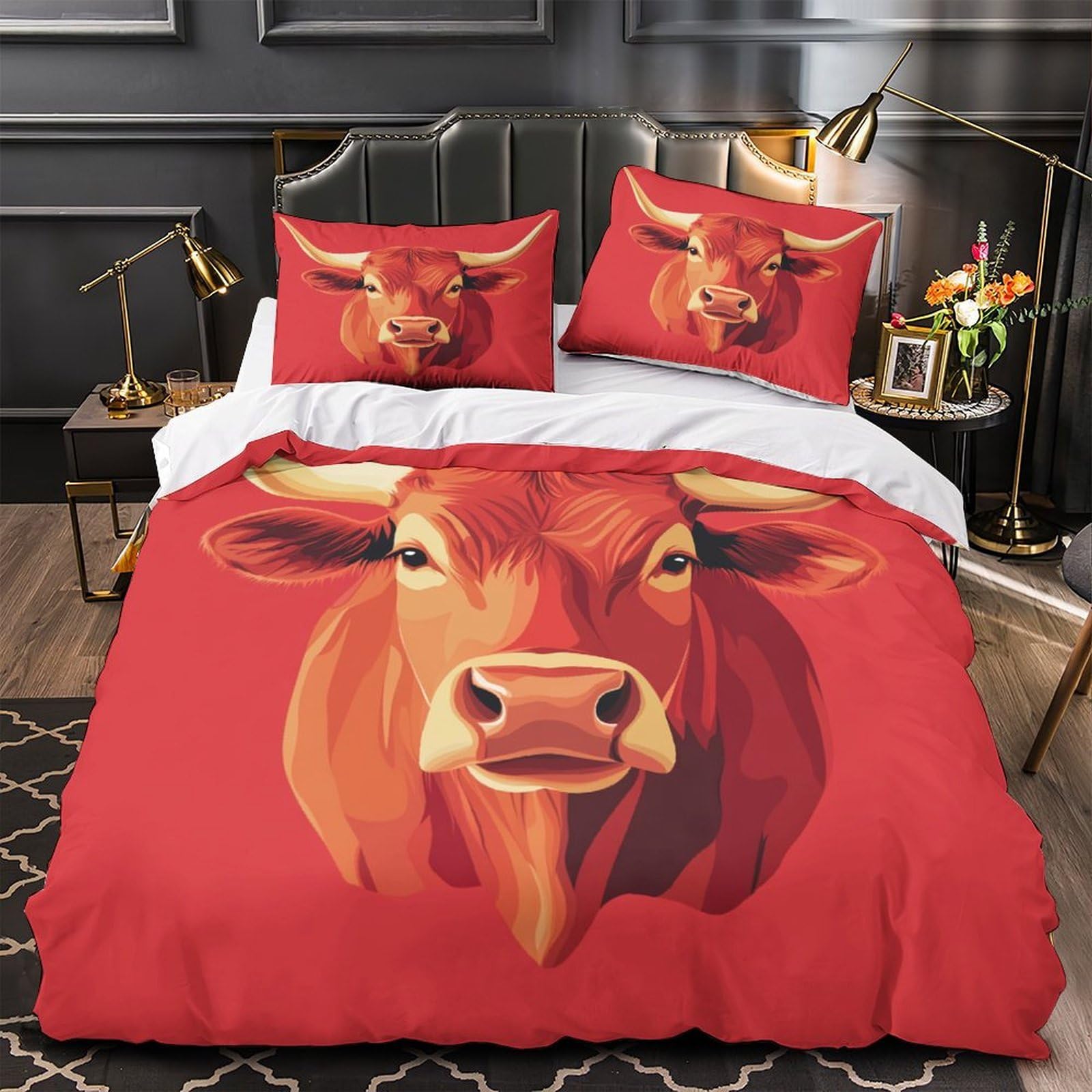 Housse de couette taureau 3D microfibre 260x220 cm avec 2 taies d'oreiller pour lit enfant