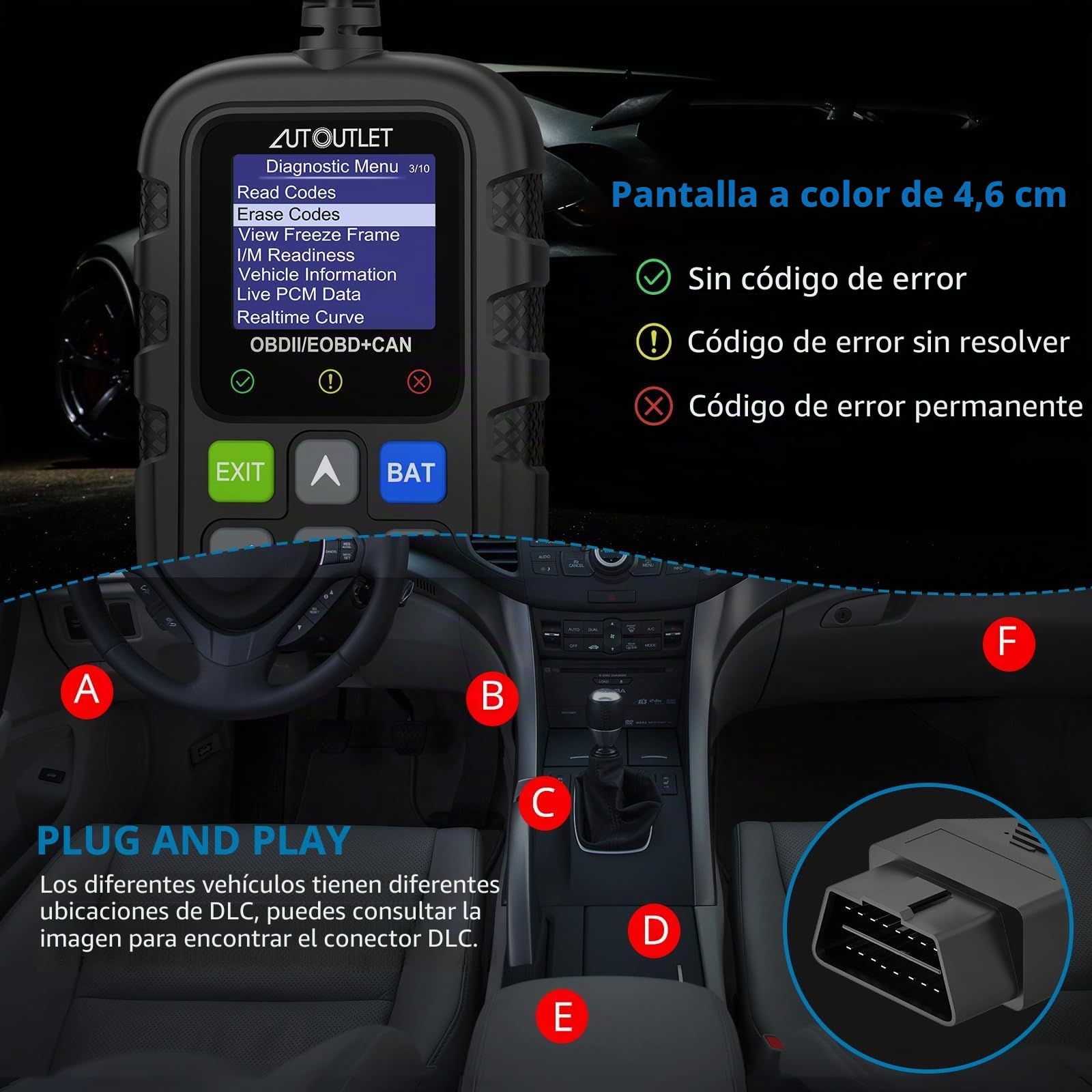 AUTOUTLET Lector de códigos de escáner OBD2 para diagnóstico rápido y borrado de códigos de Problemas, Amplia Biblioteca DTC con 13 Idiomas, Compatible con Varios protocolos de vehículos para