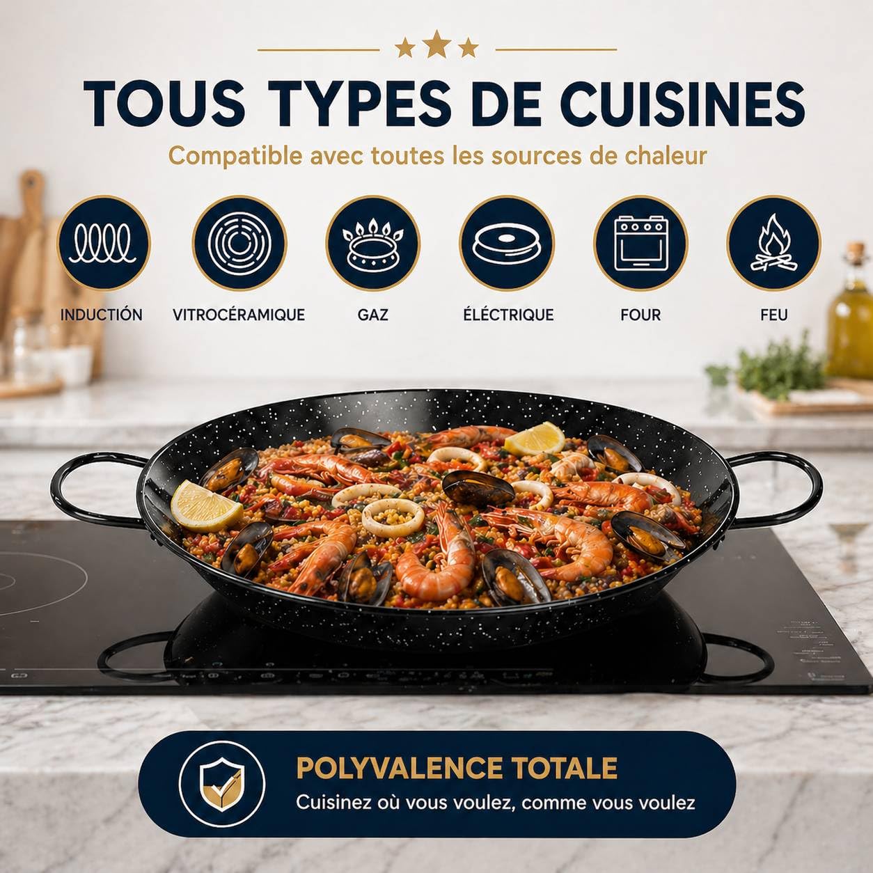TEHORNEO Paella, Poele Paella en Acier Émaillé 32 cm 4-5 portions, Plats, Poele, Plat Induction, Compatible avec Plaques à Induction, Vitrocéramiques, Gaz