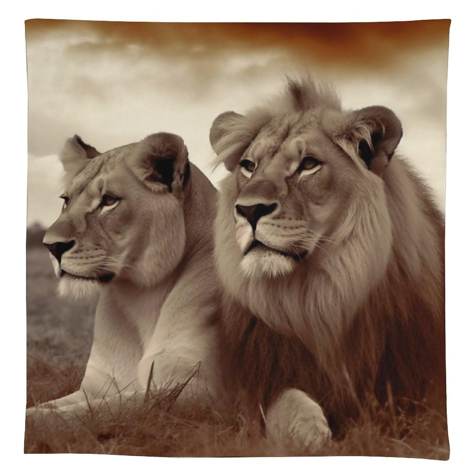 Nappe en lin motif lion africain rustique 140x140 cm résistante aux taches