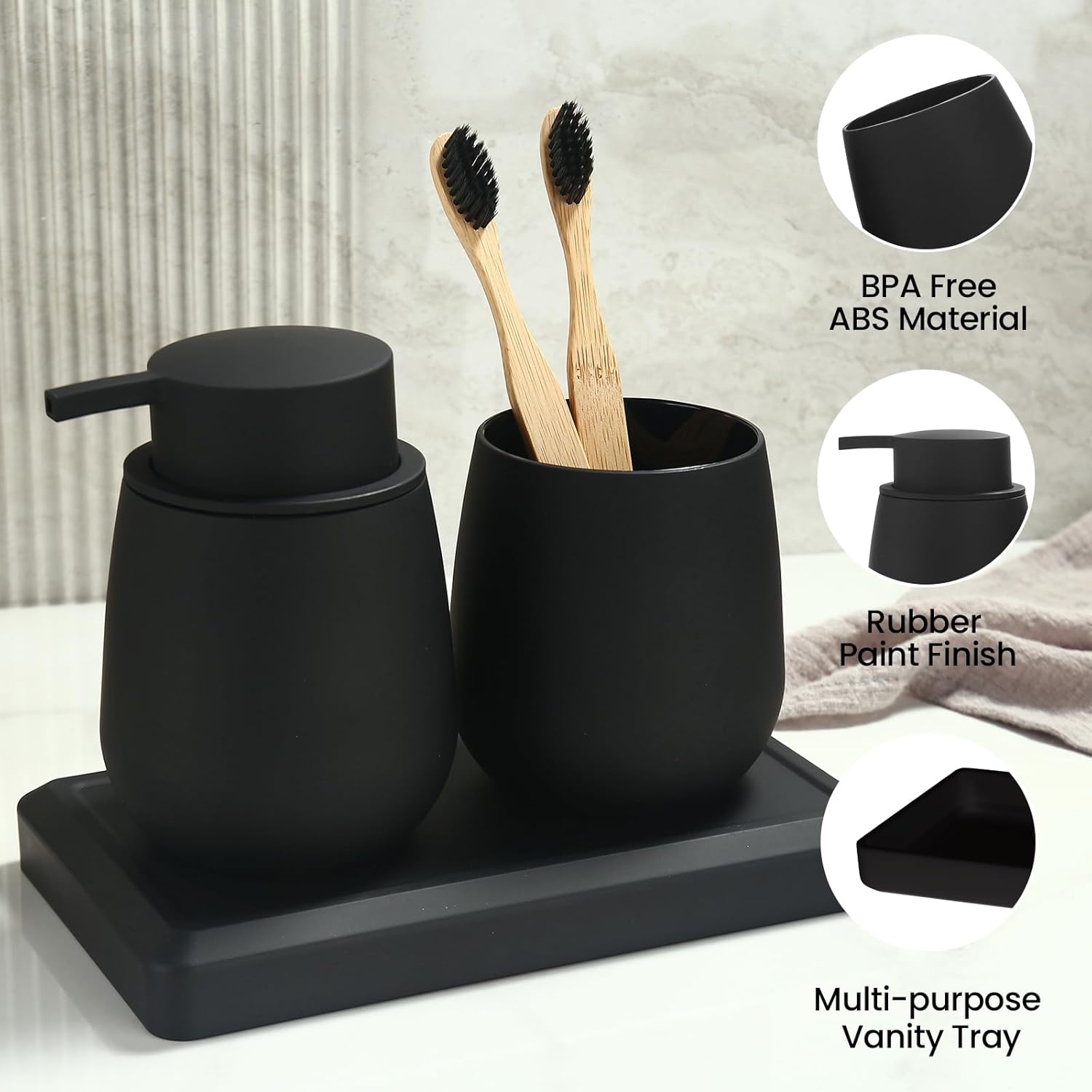 Black Bathroom Accessories Set, Modern 3 Pcs Bathroom Essentials - Soap Dispenser, Toothbrush Holder & Tray, Countertop Vanity Organizer (Black)