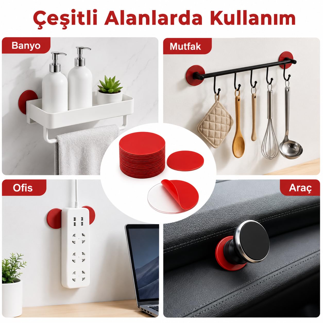 Alper Banyo 50 Adet 35x35 mm Oval Şeffaf Yapışkan Bant, Kırmızı Koruyucu Filmli Güçlü Montaj Pedi, Çift Taraflı İz Bırakmayan Çok Amaçlı Yapışkan Ped