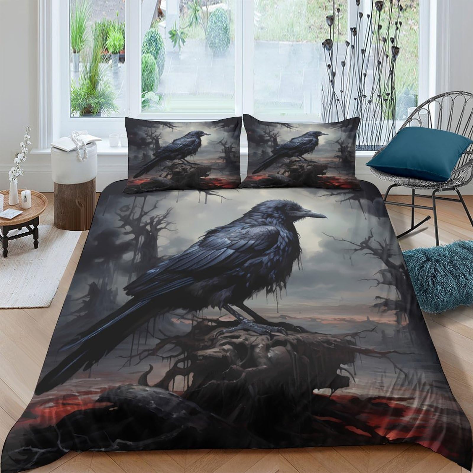 Ctjqhvkz Style-9 3D Printed Raven Forest Fitted Sheet Microfiber Soft Black Gothic Crow Bed Cover For Bedroom Dorm Mattress Decor Single（135X200cm）