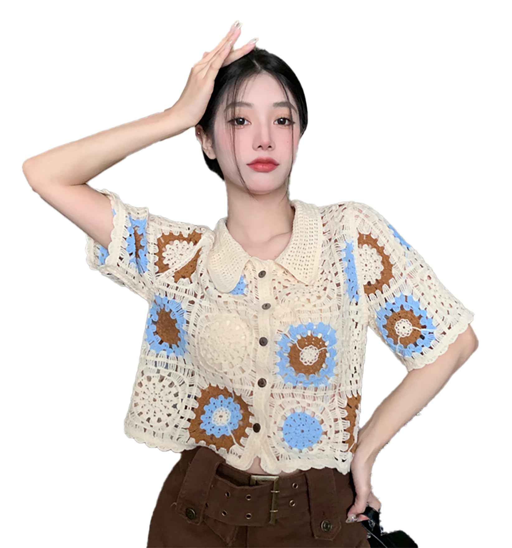 icw Women's Boho Knitted Collar Crochet Hollow Out Short-Sleeve Button Up Crop Top Shirt DN788-picture-37