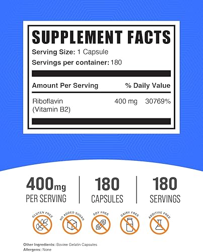 Miniatura 2 de BULKSUPPLEMENTS.COM Cápsulas de riboflavina  Vitamina B2 400 mg, suplementos de vitamina B  Riboflavina 400 mg, vitaminas para la energía  Sin