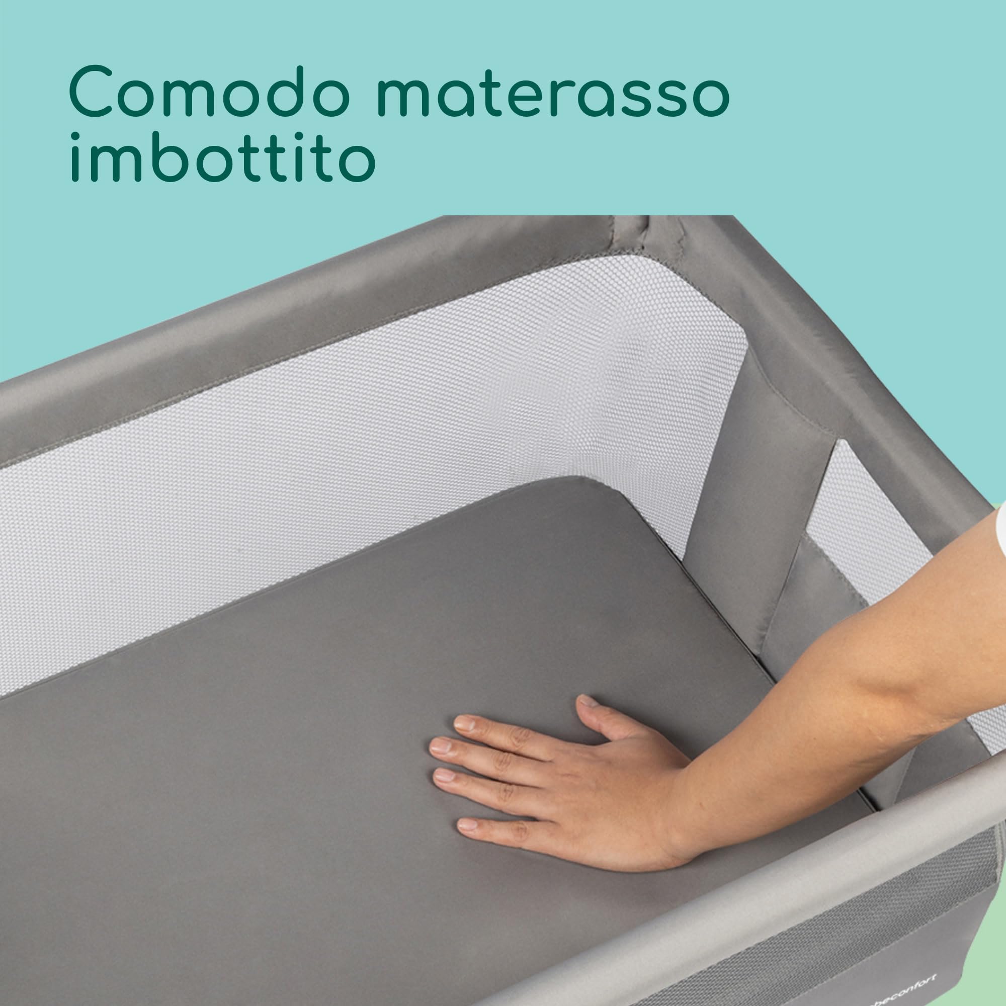 Bebeconfort Zina Culla Neonato Fianco Letto, 0-6 mesi (0-9kg), Lettino Neonato Pieghevole, 5 Altezze Regolabili, Culla da Campeggio con Materasso, Materassino Culla Reclinabile, Mineral Grey