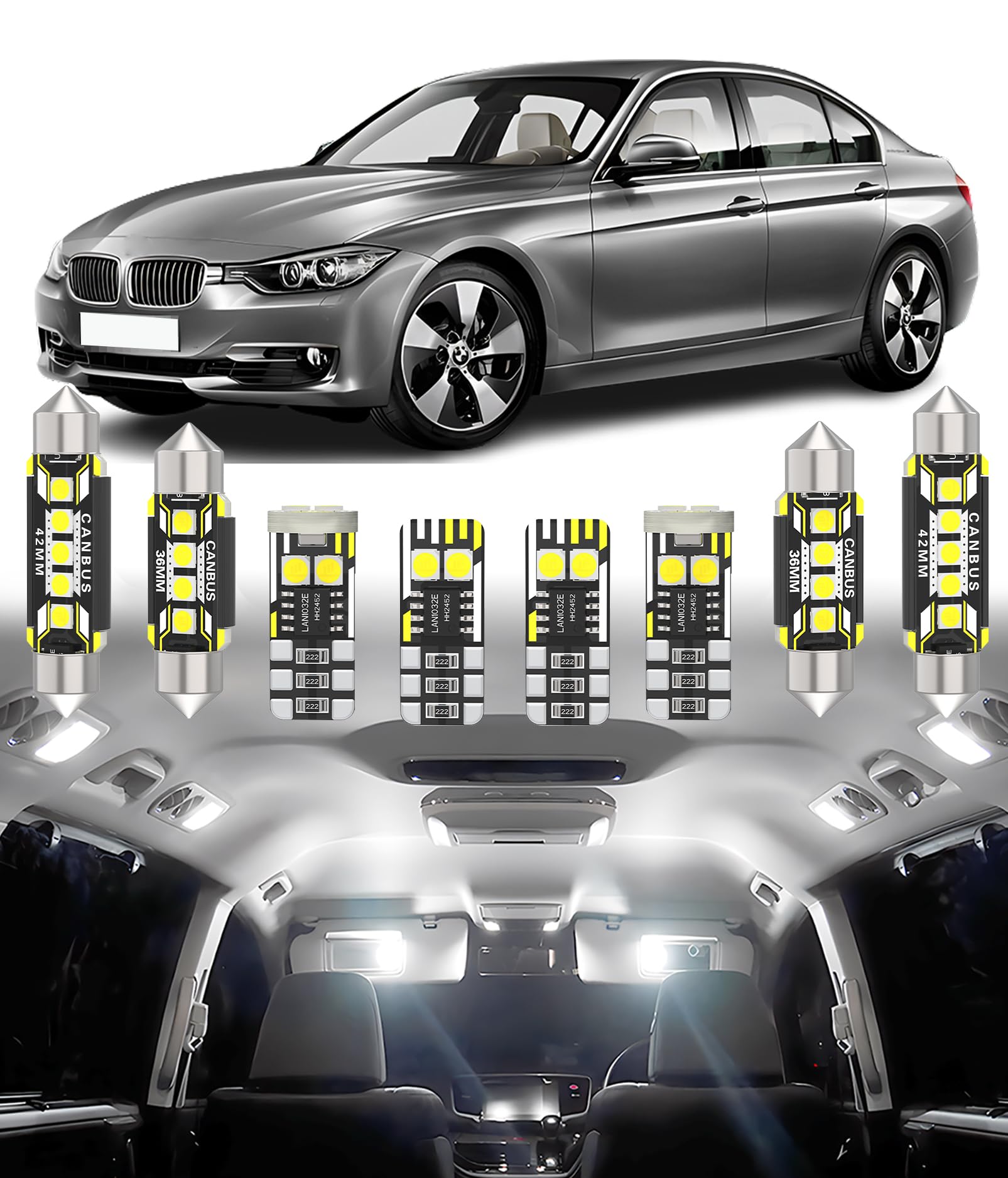 BMT xms 8pz Kit di Luci LED per Interni per BMW 3 Series F30 316i 320i 320D 330D 2012-2015 Sedan, Lampadine LED per Interni Auto e Camion 6000K Bianco Luminoso