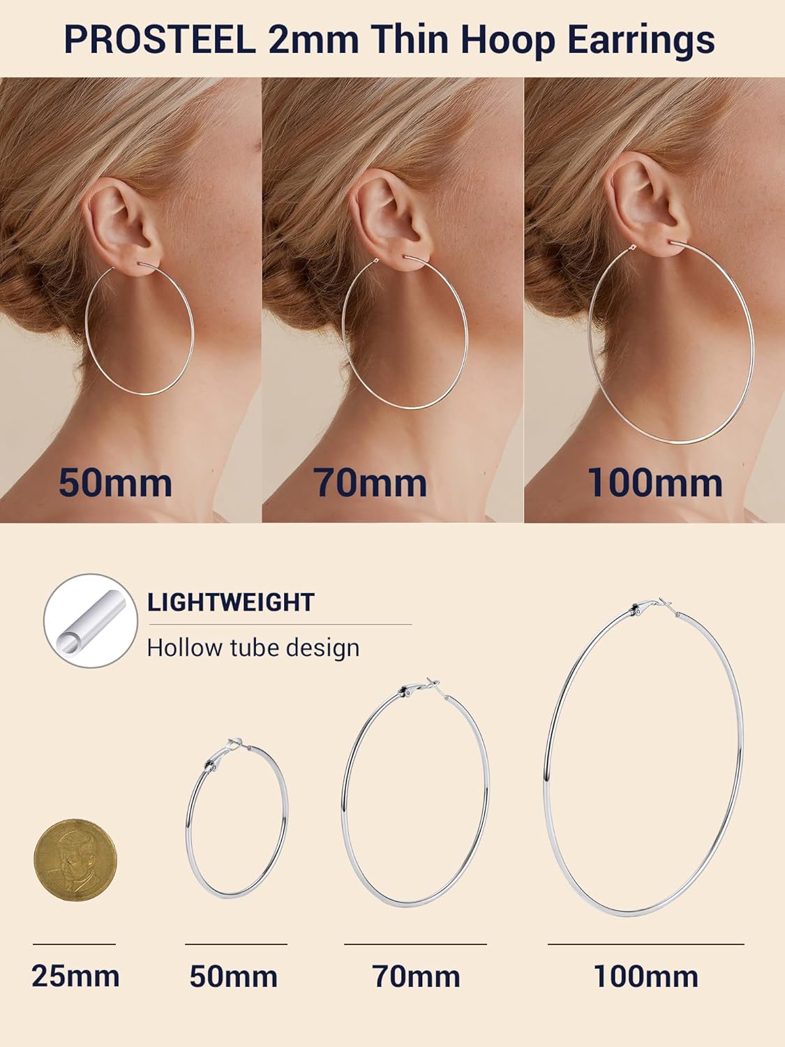 PROSTEEL Chunky Hoop Earrings for Women, 316L Stainless Steel Large Hoop, Minimalist And Chic Jewelry, 14K Gold/Silver/Black, Hypoallergenic for Sensitive Skin, Size: 20~100mm, Come with Box - Image 4