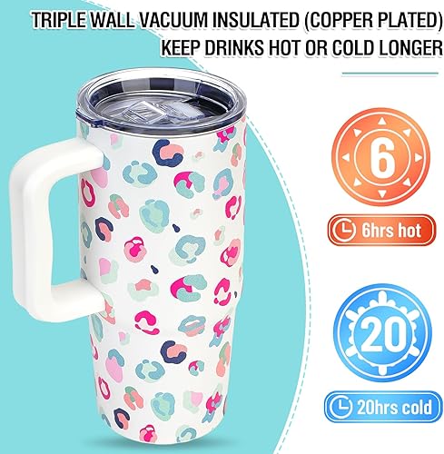 Miniatura 2 de Zukro Vaso de 24 onzas con asa, 2 tapas y pajilla, taza de café aislada al vacío para bebidas calientes y frías, acero inoxidable, portavasos, apto