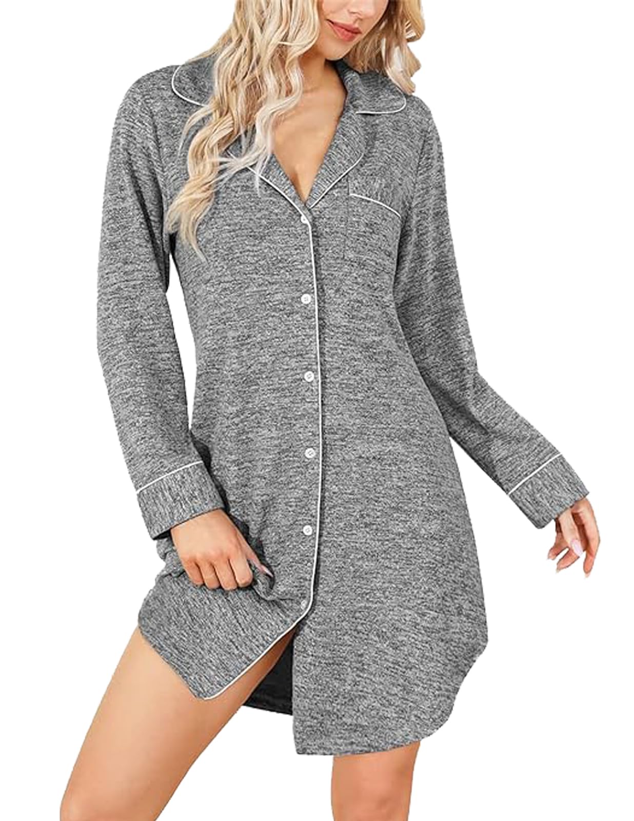 PabumbubuFleece Nightgown, Women’s Soft Loungewear Notch Neck Sleepwear Button Down Sleep Shirt