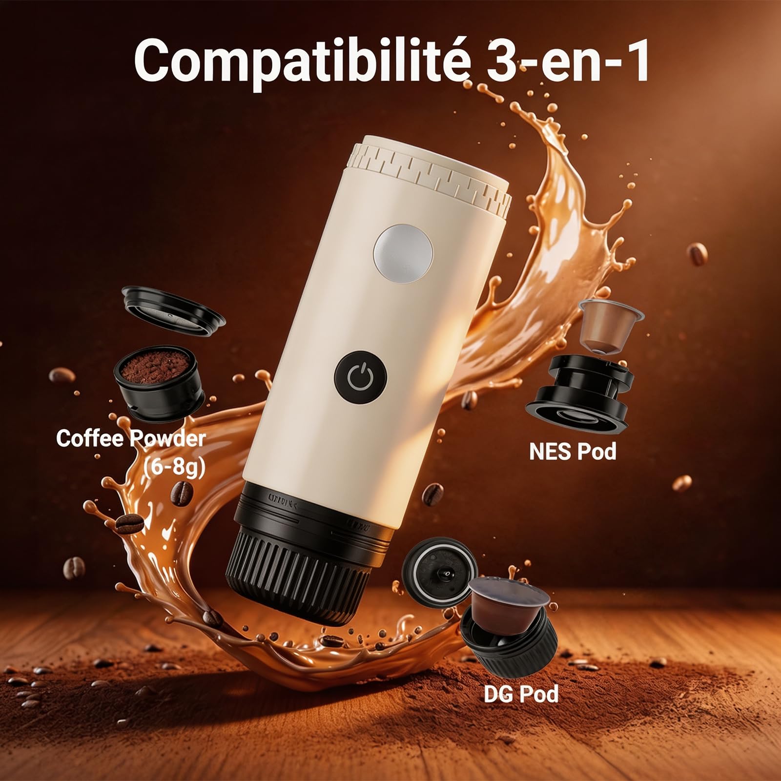 Machine à Cafe Portable, Cafetière Portable 3 en 1 Compatible avec les Capsules Espresso et Poudre de Café, Rechargeable Pour Voyage, Camping, Voiture, Maison Blanc