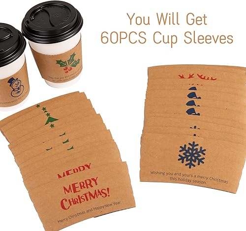 Miniatura 3 de Whaline Paquete de 60 fundas de papel kraft para taza de café de Navidad, 6 diseños de fundas de papel kraft para vasos de papel de 12 y 16 onzas,