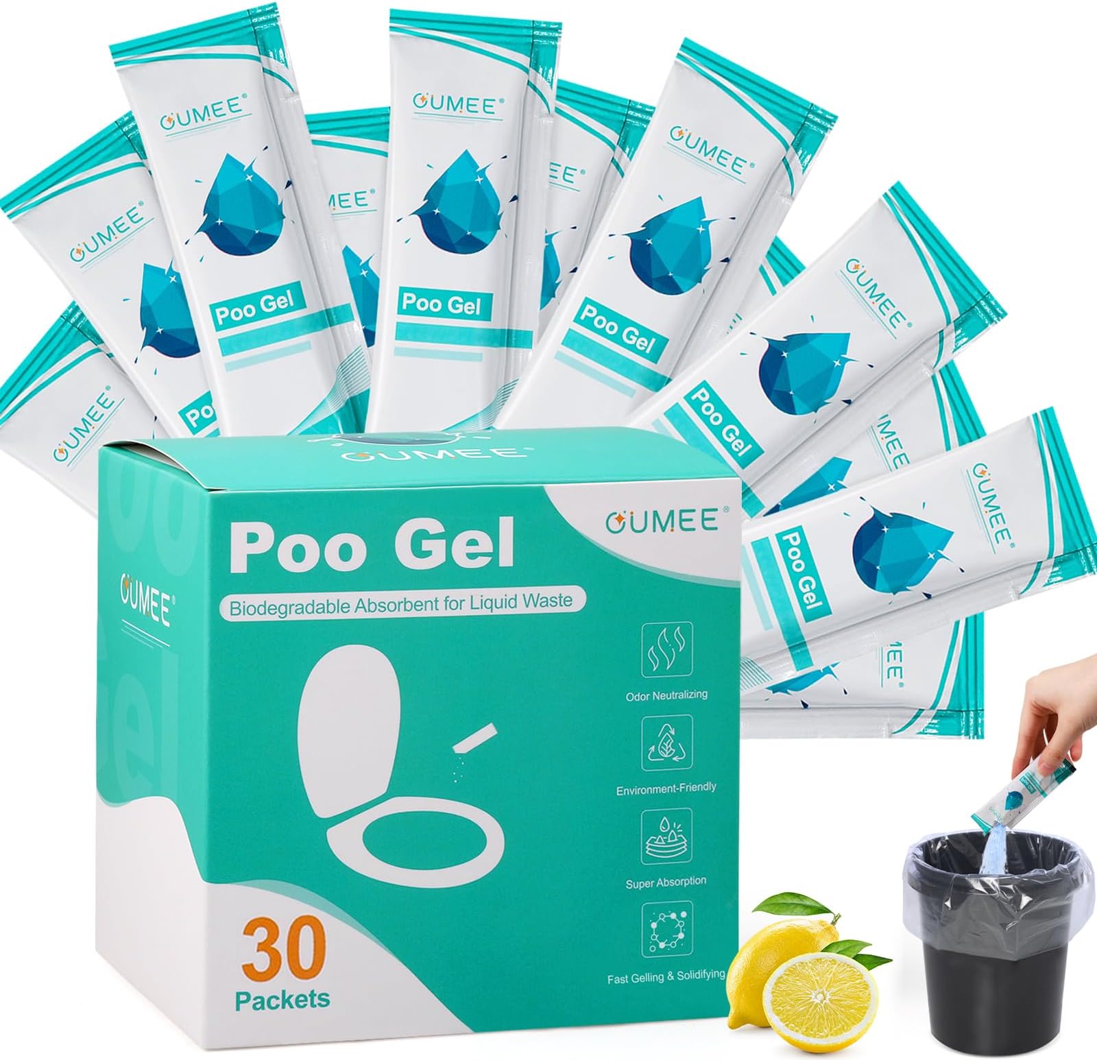 OUMEE 30 Packets Poo Gel for Portable Toilet, Camping Toilet Powder for Potty Bags, Eco Absorbent Gel, Portable Toilet Gel Packets for Outdoor Recreation Camping Supplies