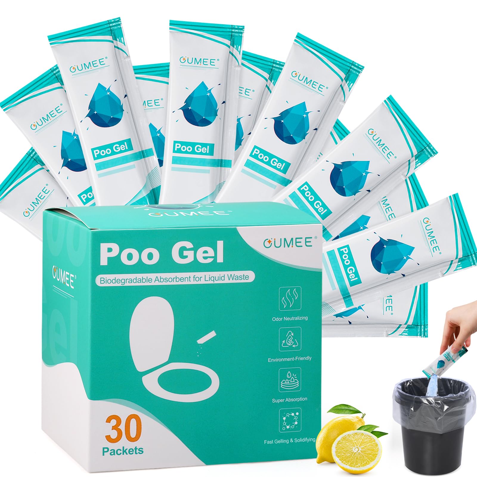 OUMEE 30 PACK Poo Gel for Portable Toilet, Camping Toilet Powder for Potty Bags, Eco Absorbent Gel, Portable Toilet Gel Packets for Outdoor Recreation Camping Supplies (30)