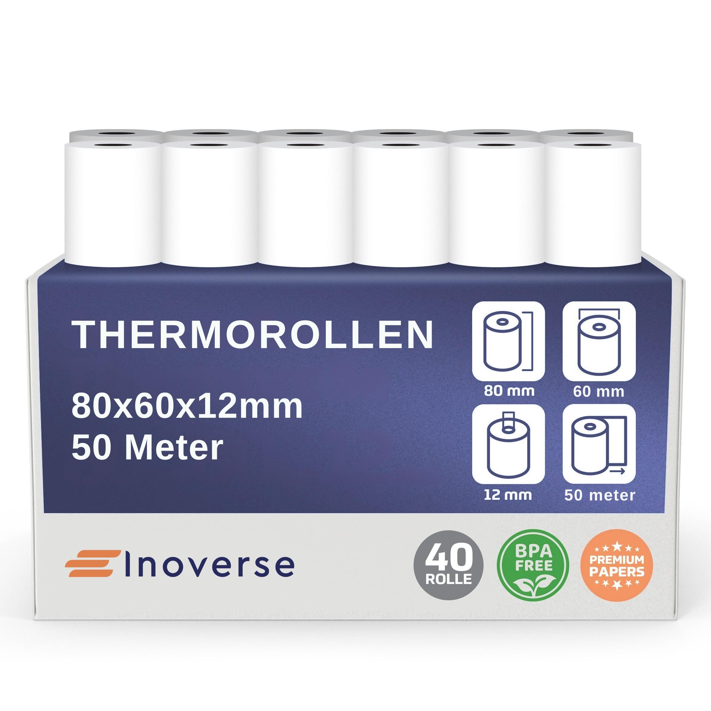 Inoverse 40 rollos de papel térmico EC-Cash 80 mm x 60 mm x 12 mm 50 m – Rollos de papel térmico sin BPA compatible con impresora de recibos, sistema de caja registradora, dispositivo EC