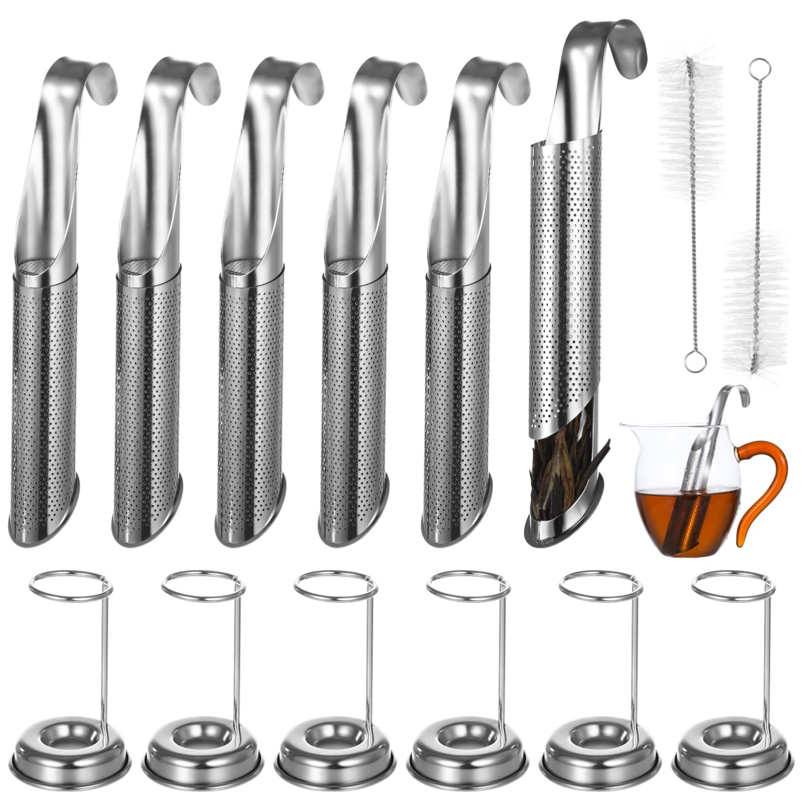 Tee-Ei aus Edelstahl, feinmaschiges Tee-Ei für losen Tee, Tee-Ei, Set mit langem Griff, Teefilter mit Haken, Edelstahl-Teesieb mit 6 Diffusorhaltern, 2 Pinseln, 6 Stück