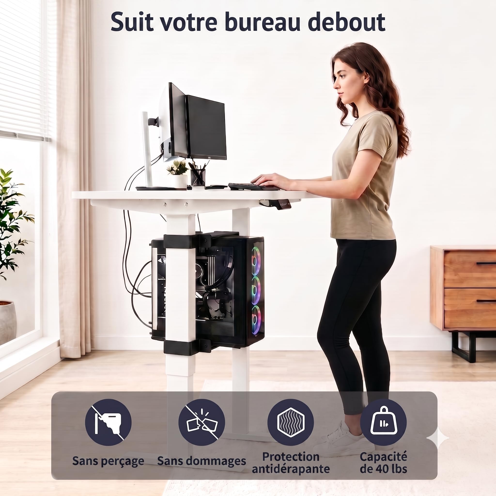 MIHAWK Support PC sous bureau sans perçage pour pied 80x50 mm Noir | Sans perçage，Compatible avec pieds 80 × 50 mm，Pour bureaux réglables en hauteur，Supporte jusqu'à 18 kg