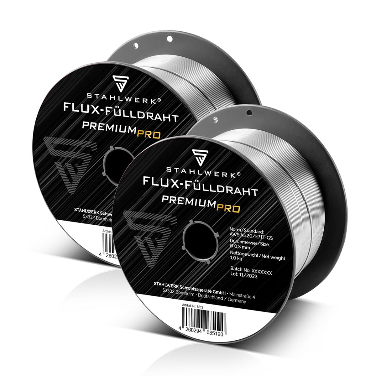 STAHLWERK FLUX Fülldraht Ø 0,8 mm 2er Set E71T-GS – je 1 kg D100-Spule für 16 mm Dorn, universell einsetzbar, selbstschützender Schweißdraht zum Schweißen ohne Gas, geeignet für viele MIG/MAG-Geräte