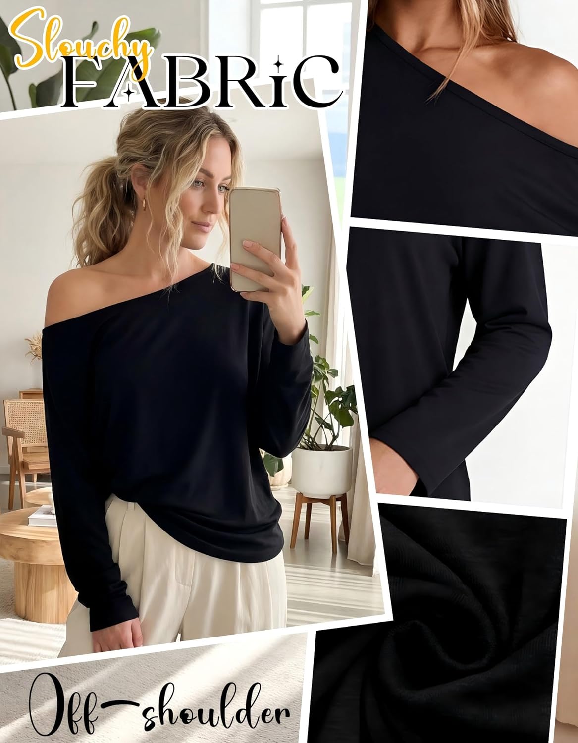 Women's Off Shoulder Tops Oversized Spring Long Sleeve T Shirts Loose Fit Casual Basic Tees Solid Color Blouse Tops - Image 4