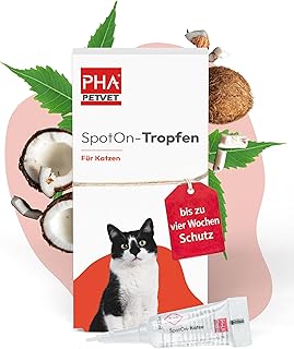 PHA Spot On für Katzen – Natürliches Flohmittel Katzen, Schutz gegen Flöhe, Zecken & Milben mit Neemöl & Laurinsäure, Zeckenschutz Katze, Anti Floh Katze, 2 Kunststofftuben à 1,5 ml