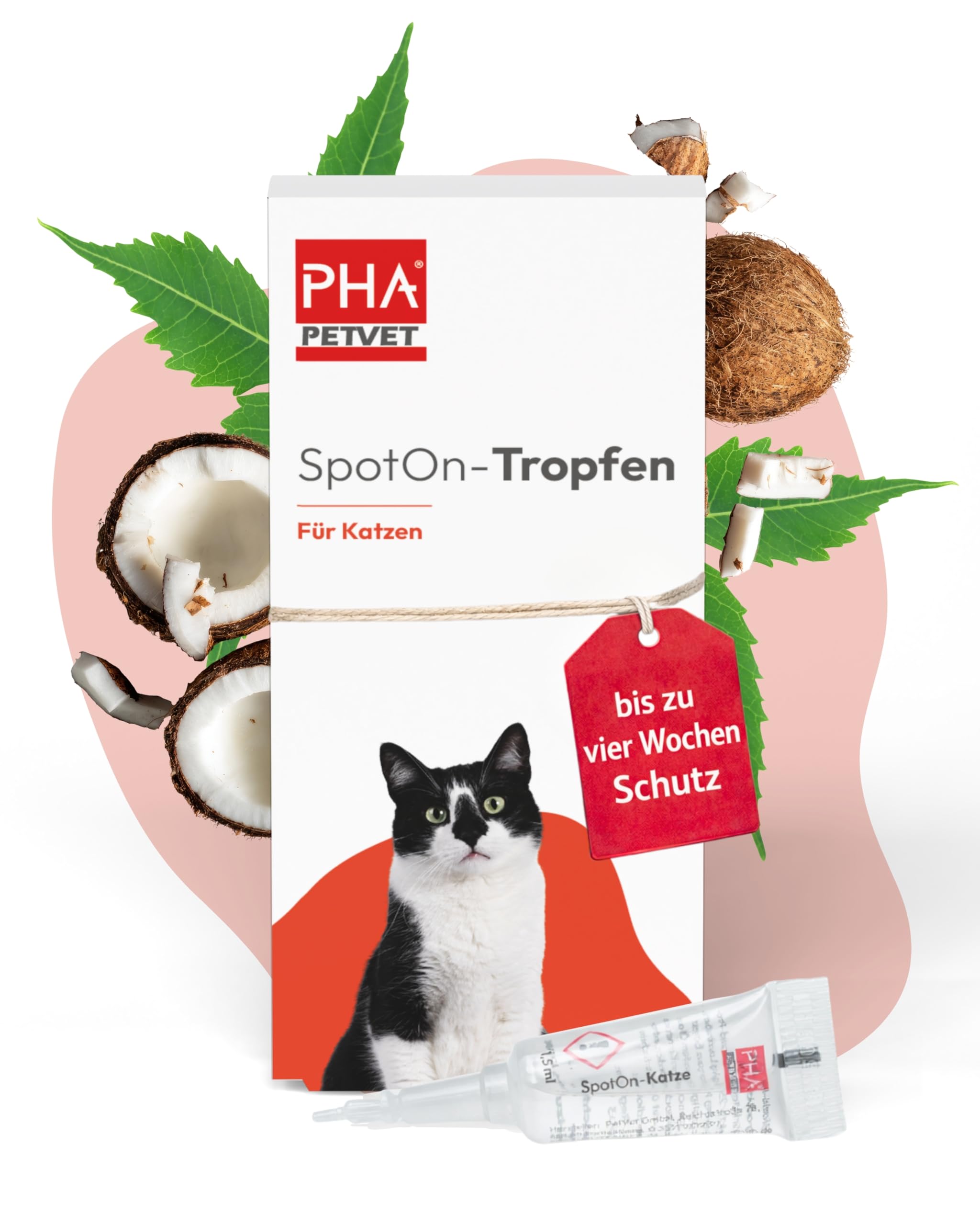 PHA Spot On für Katzen – Natürliches Flohmittel Katzen, Schutz gegen Flöhe, Zecken & Milben mit Neemöl & Laurinsäure, Zeckenschutz Katze, Anti Floh Katze, 2 Kunststofftuben à 1,5 ml