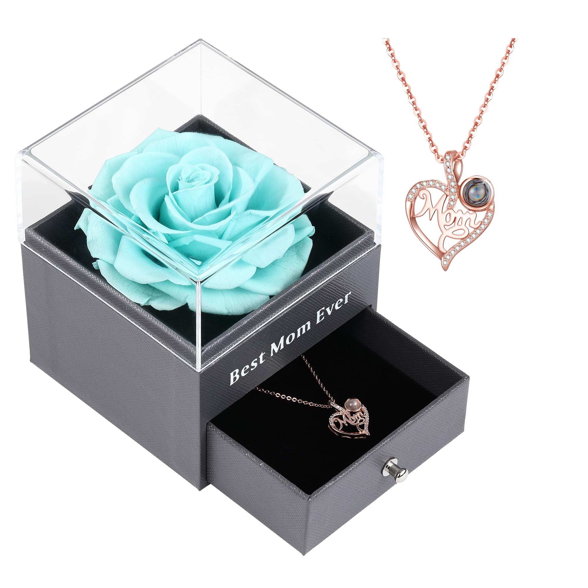 Ocosy Preserved Real Rose Flower with Mom Gold-Tone Necklace Love You in 100 Languages Gifts for Mom Women Her Wife Girlfriend Birthday Valentines Day