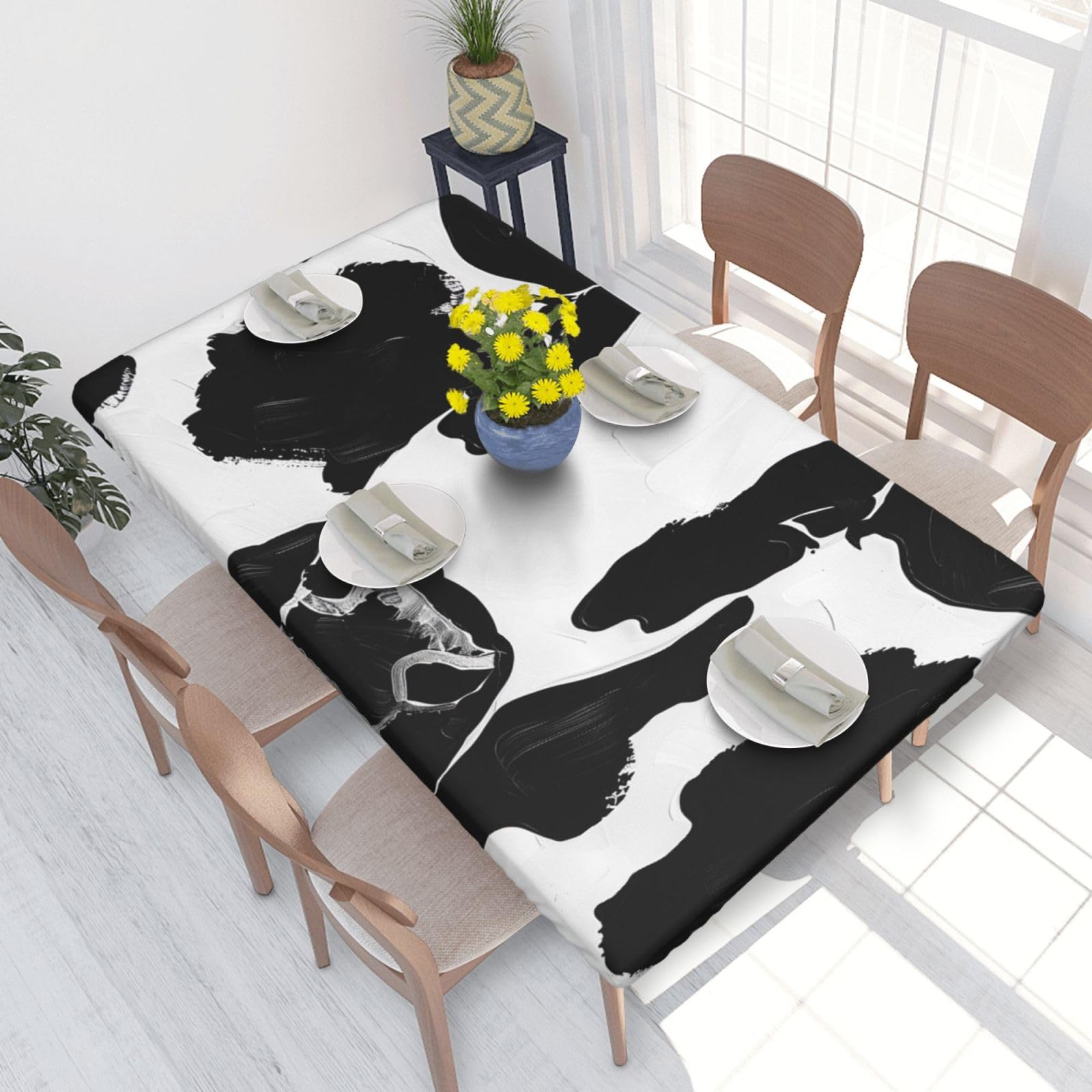 DCARSETCV Black and White Cow Print Printed 4FT Waterproof Tablecloth with Elastic Edged Protect & Decor Your Table, Oil-proof Washable Table Cloth Cover for Dinner Picnic Party