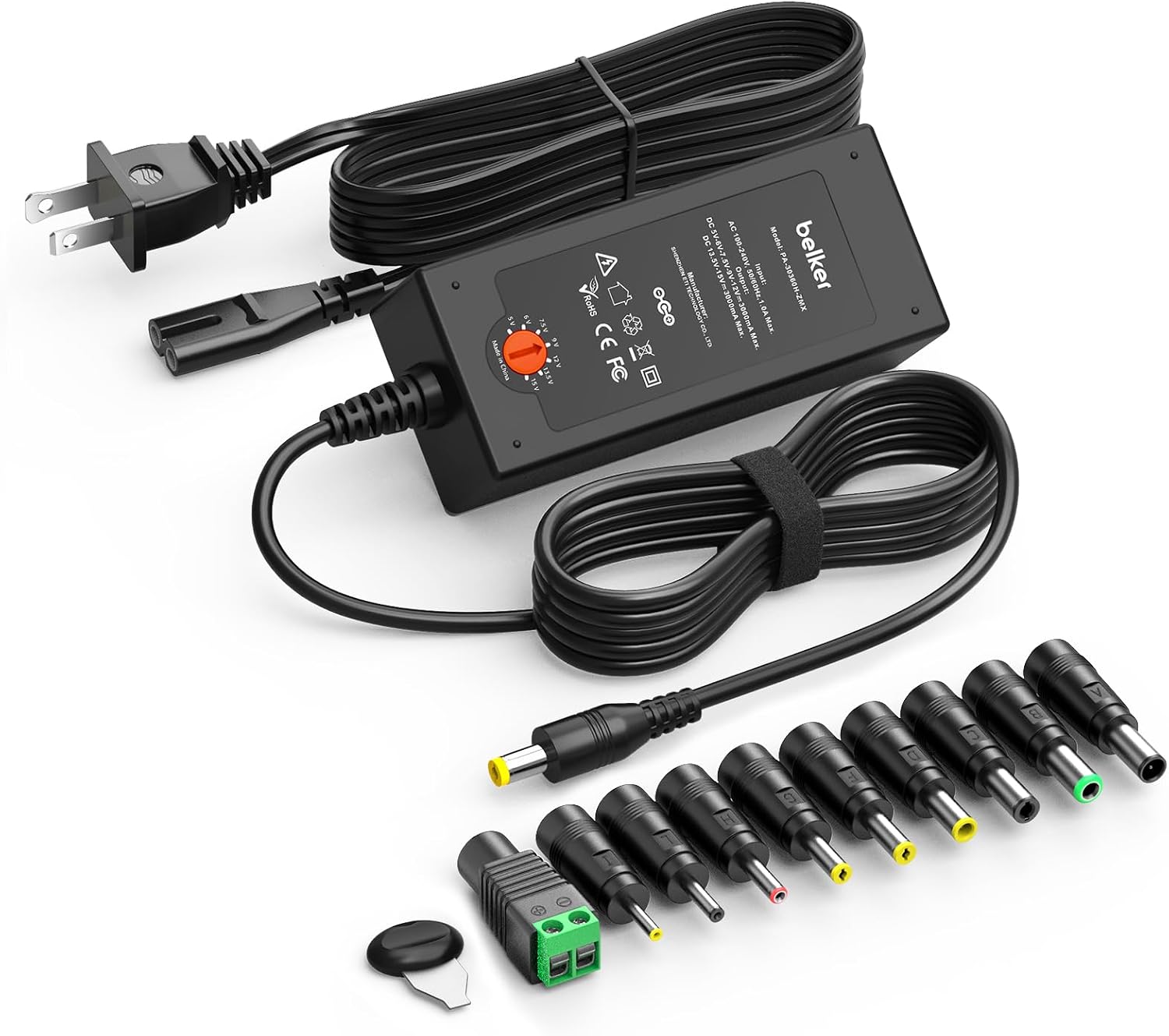 Belker 45W Universal 5V 6V 7.5V 9V 12V 13.5V 15V AC DC Adapter Power Supply for Household Eletronics LCD LED Strip Light Router HUB Speaker Smart Phone Tablet - Support Amps 0.5A 1A 2A 3A 3000mA Max.