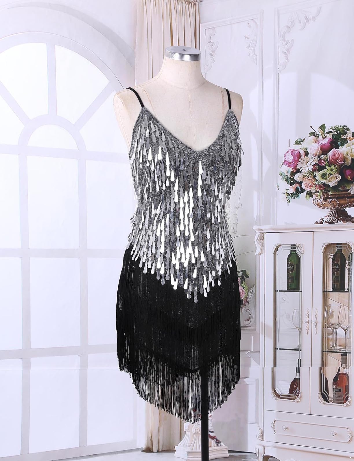 YEAHDOR Women's Sequin 1920s Fringed Flapper Latin Dress Glittery Tango Rumba Ballroom Dance Costumes Silver One Size