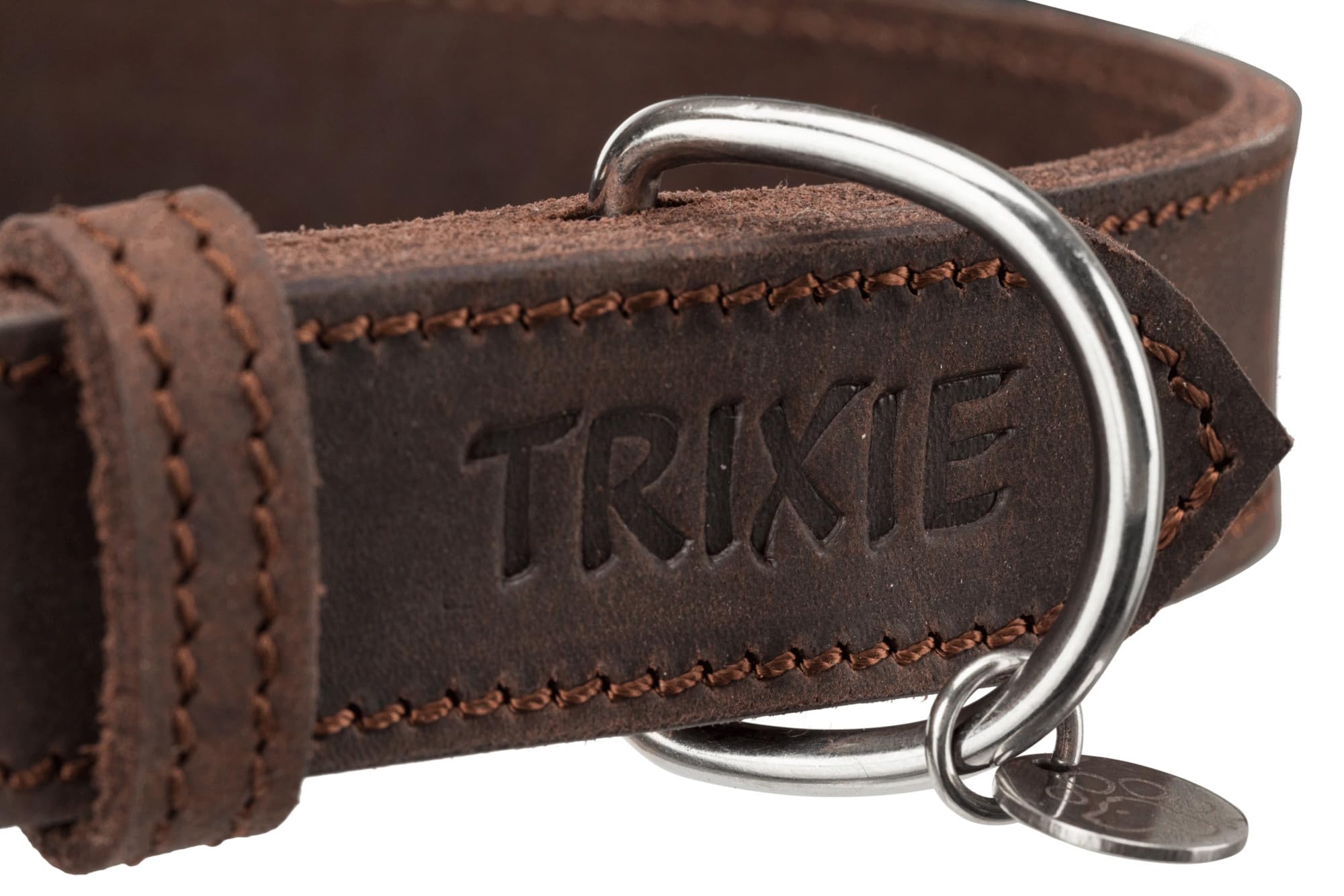 TRIXIE Rustykalna obroża skórzana rozmiar M: obwód szyi 37-44 cm/40 mm w kolorze ciemnobrązowym – szyta skórzana obroża dla średnich psów, o klasycznym wzornictwie, delikatna linka, 19006