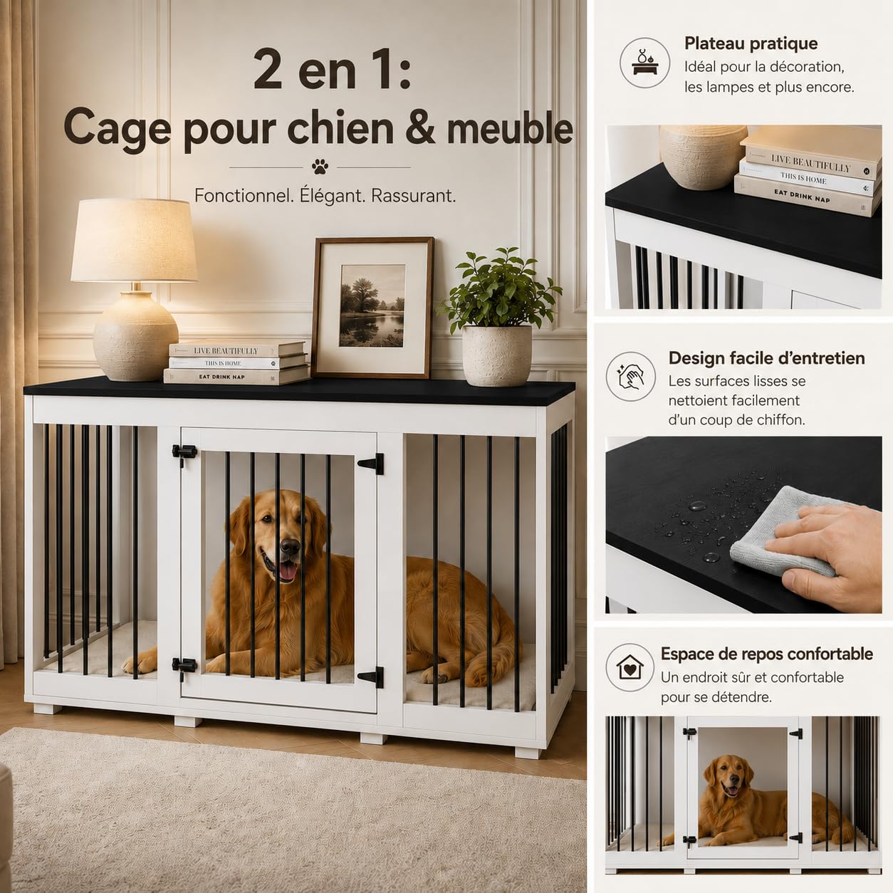Cage pour Chien XXL 136cm pour Très Grands Chiens – Meuble Cage 2 Portes, Charge 50kg & Décor Métal Noir, 70cm de Haut – Niche Style Buffet pour Salon, 136×70×56cm, Blanc-Noir