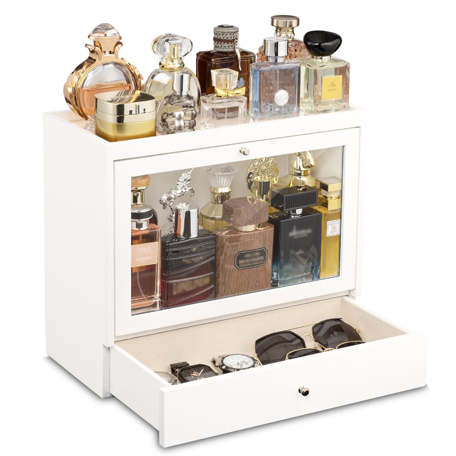 Soporte de colonia, organizador de perfume de madera maciza para hombre, organizador de perfume a prueba de polvo de gran capacidad con cajón de almacenamiento de perfumes, joyas y cosméticos