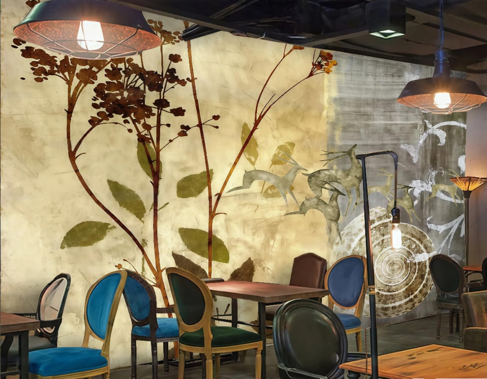 Rskjdghshd 3D Wallpaper Retro Modern Leaf Plant Elk Theme Dessert Drink Shop Bar Western Restaurant Background Wall Mural Afternoon Tea Coffee Shop Wallpaper,,400X280cm