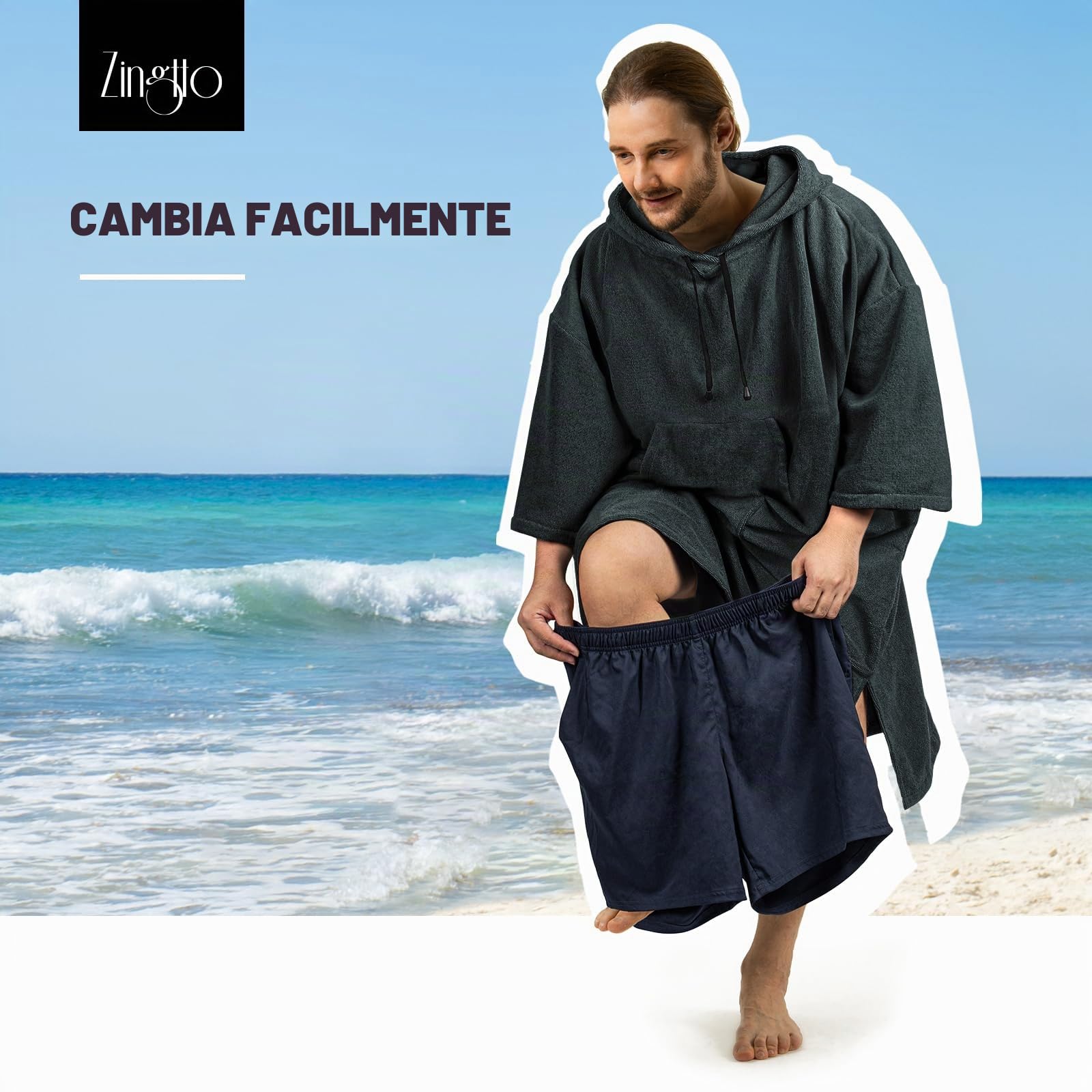 Poncho da surf, accappatoio con maniche a 3/4, extra large, spesso, con cappuccio, per uomo e donna, per spiaggia, nuoto, 109,2 x 89,9 cm, nero