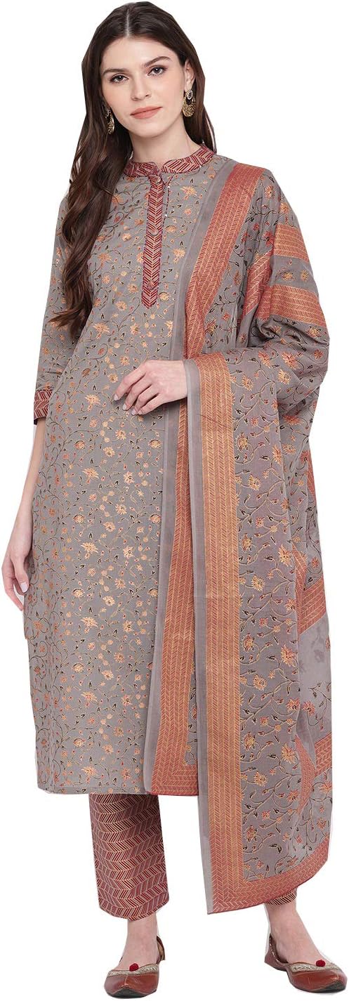 Indian Cotton Tunic Tops Kurti Set for Women with Palazzo 694 (Grey&Brown, 46)